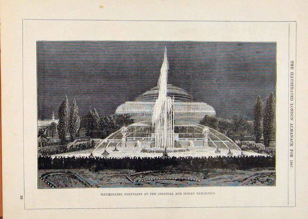 Original Old Antique Print London Almanack Illuminated Fountains Colonial Indian