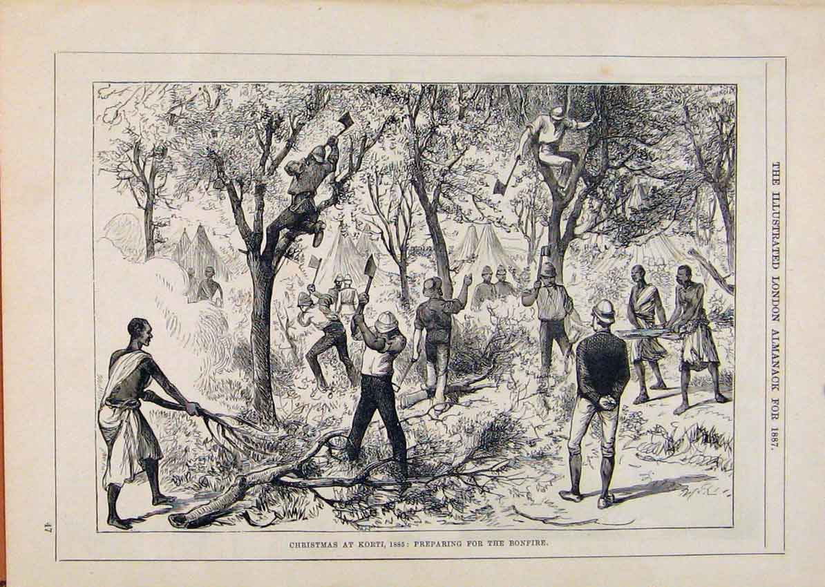 Old Antique Print London Almanack 1887 Christmas Korth Preparing Bonfire 19th
