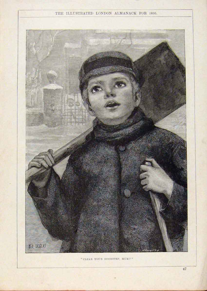 Original Old Antique Print London Almanack Snow Shoveller 1895 19th
