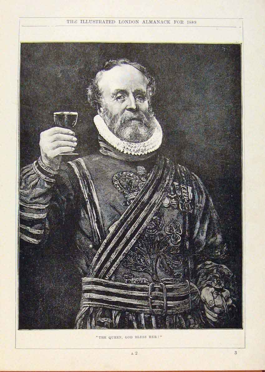 Original Old Antique Print London Almanack Portrait Man Blessing The Queen 1889