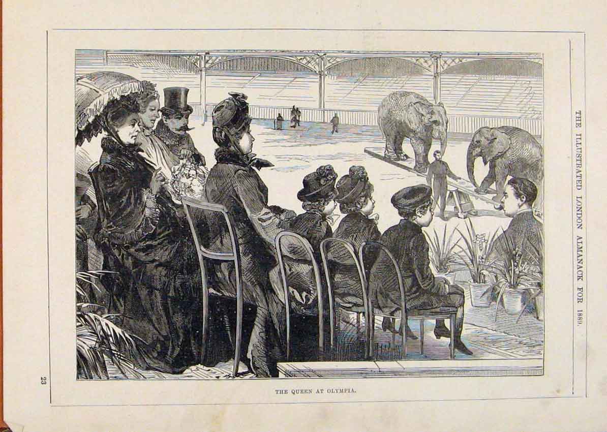 Original Old Antique Print London Almanack Queen At Olympia 1889 19th
