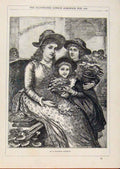 Original Old Antique Print London Almanack Flower Sermon Young Girls With Mother