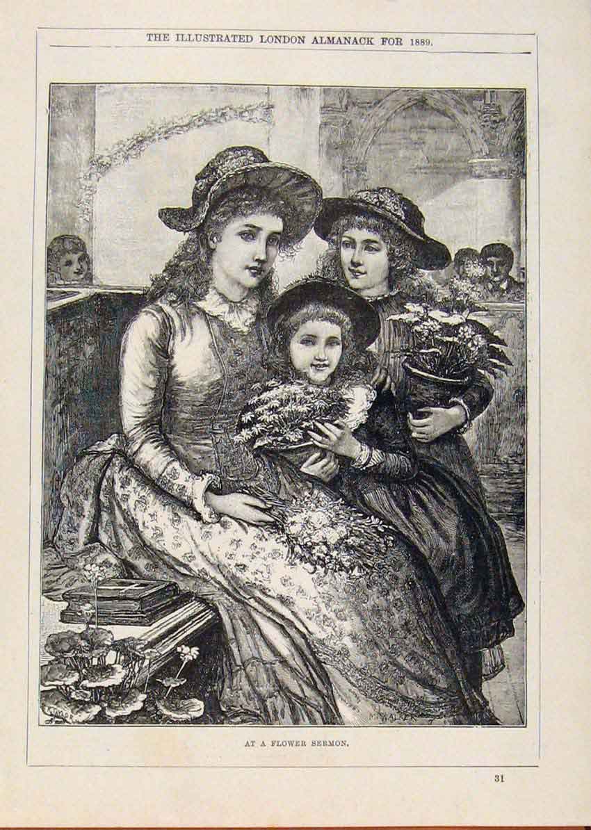 Original Old Antique Print London Almanack Flower Sermon Young Girls With Mother
