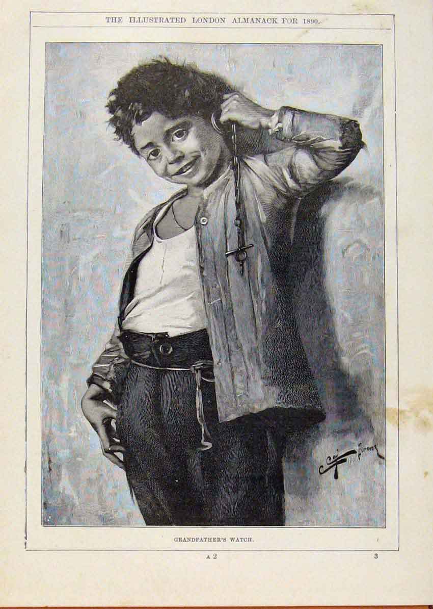 Original Old Antique Print London Almanack Grandfathers Watch Young Boy 1890