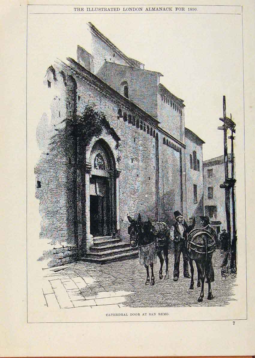 Original Old Antique Print London Almanack Cathedral Door San Remo 1890 19th