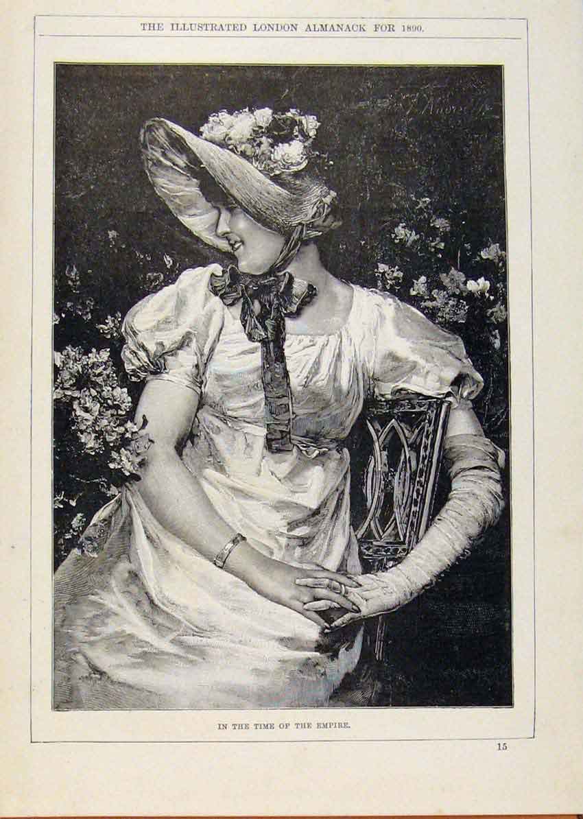 Original Old Antique Print London Almanack Time The Empire Young Lady 1890 19th