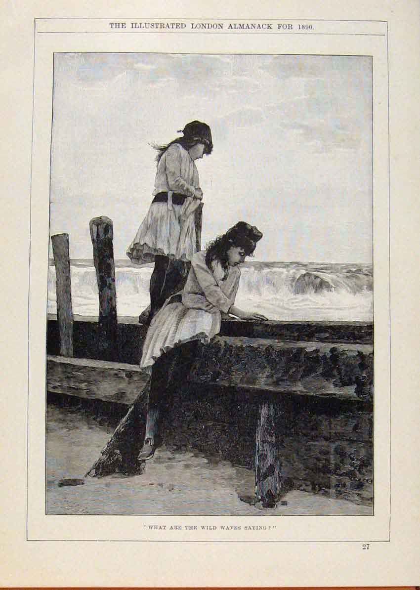 Original Old Antique Print London Almanack Two Girls Watching The Waves 1890