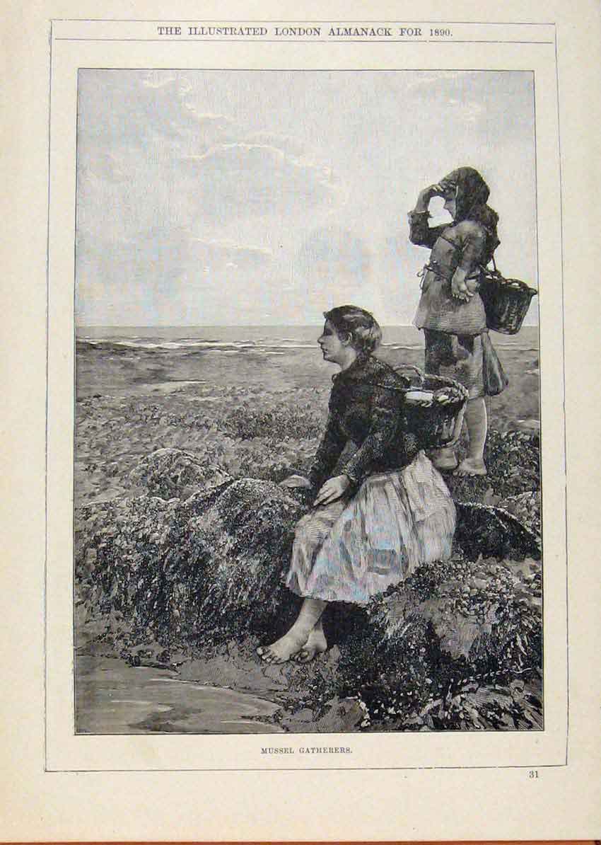 Original Old Antique Print London Almanack Mussel Gatherers 1890 19th