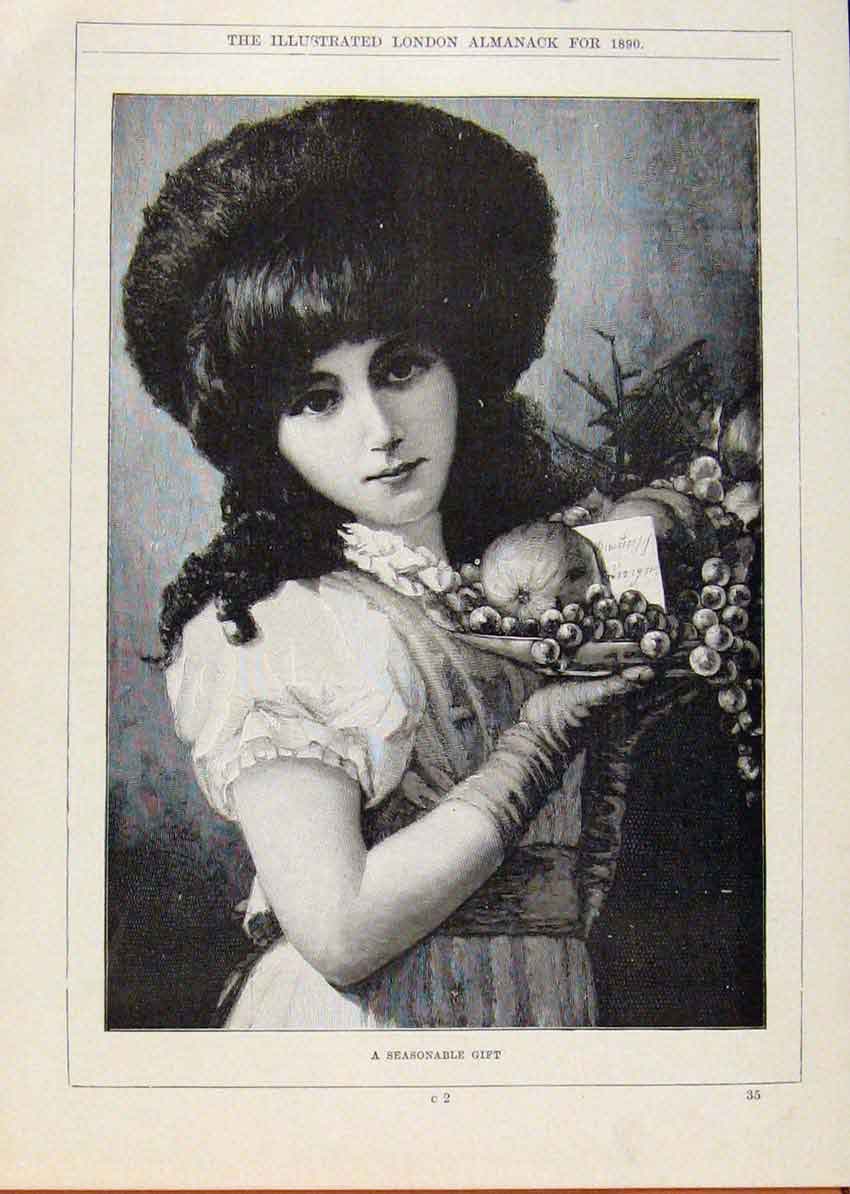Original Old Antique Print London Almanack Seasonable Gift From Young Lady 1890
