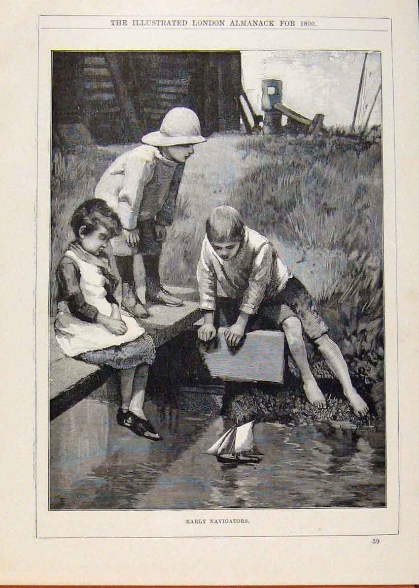 Original Old Antique Print London Almanack Early Navigators Young Boys 1890 19th