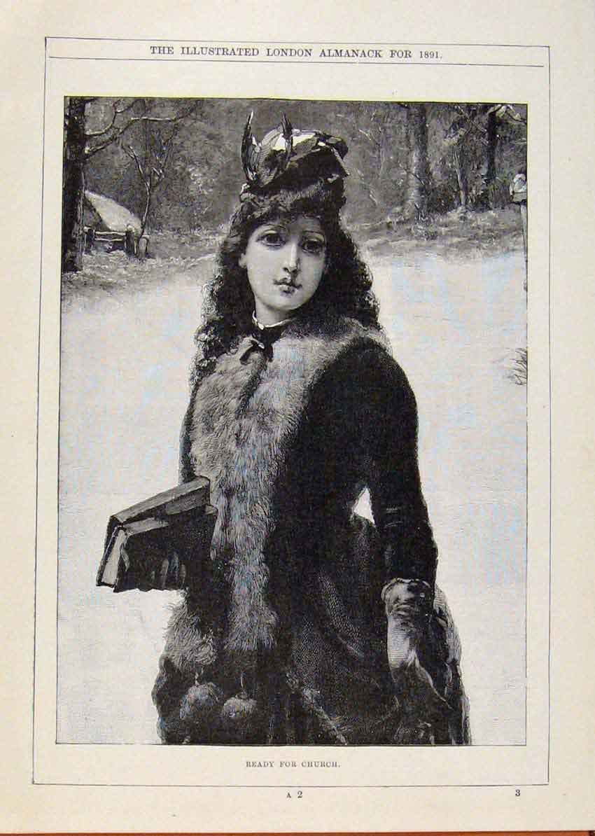 Original Old Antique Print London Almanack Ready For Church 1891 19th