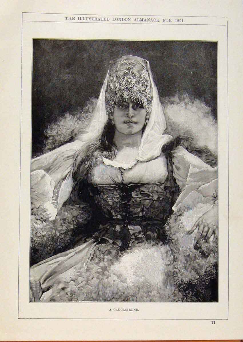 Original Old Antique Print London Almanack Caucasienne 1891 19th