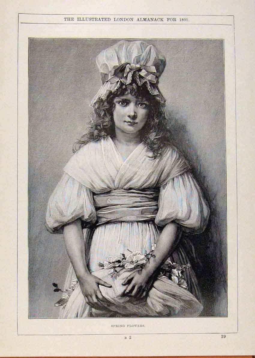 Original Old Antique Print London Almanack Spring Floweres 1891 19th
