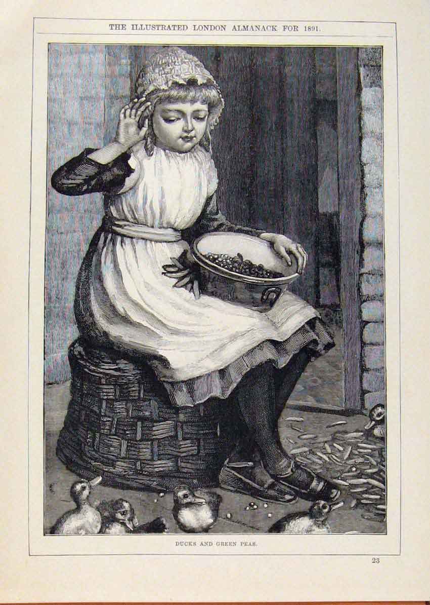 Original Old Antique Print London Almanack Ducks Green Peas And Girl 1891 19th