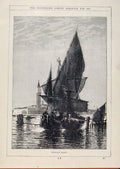 Original Old Antique Print London Almanack Venetian Boats Sailling