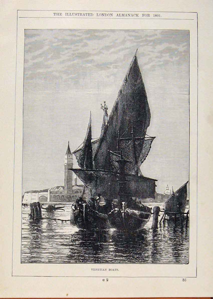 Original Old Antique Print London Almanack Venetian Boats Sailling