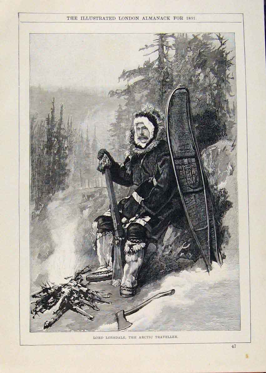 Original Old Antique Print London Almanack Lord Lonsdale Artic Traveller 1891