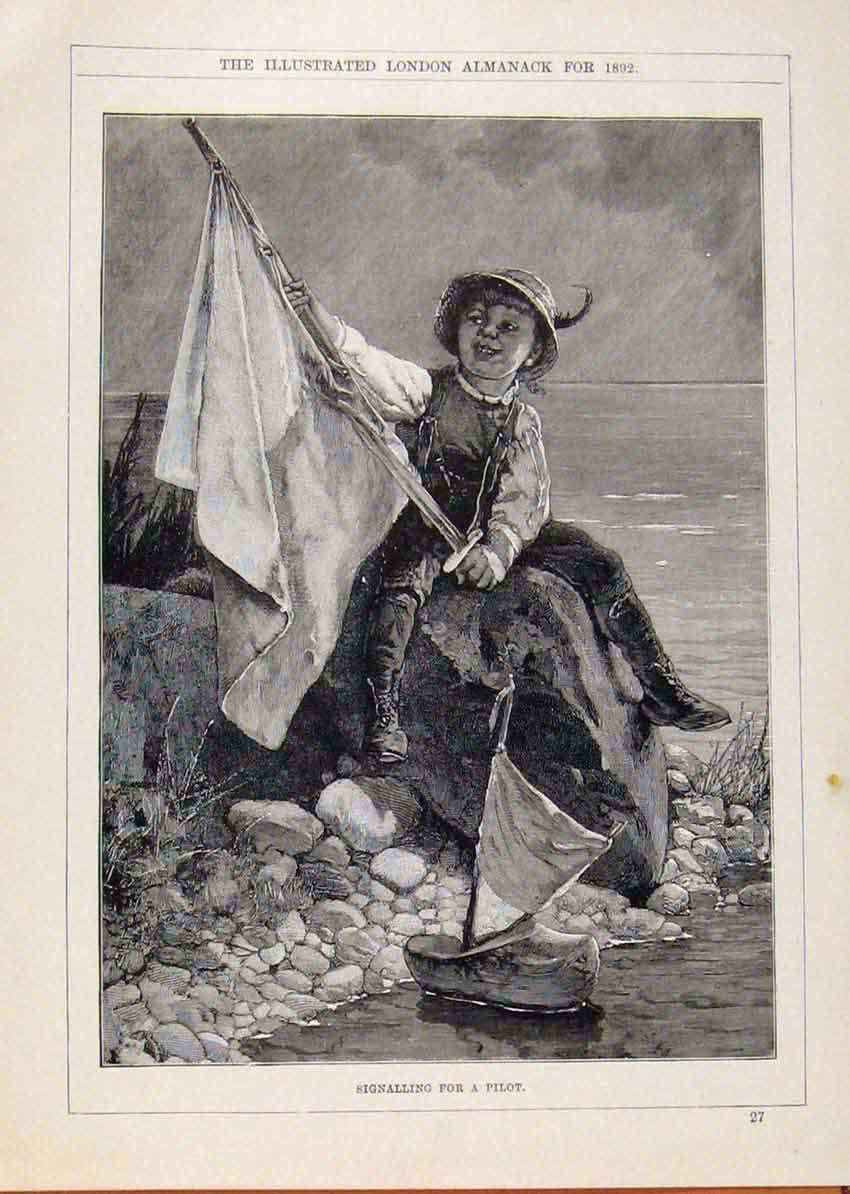 Original Old Antique Print London Almanack Signalling For A Pilot Young Boy 1892