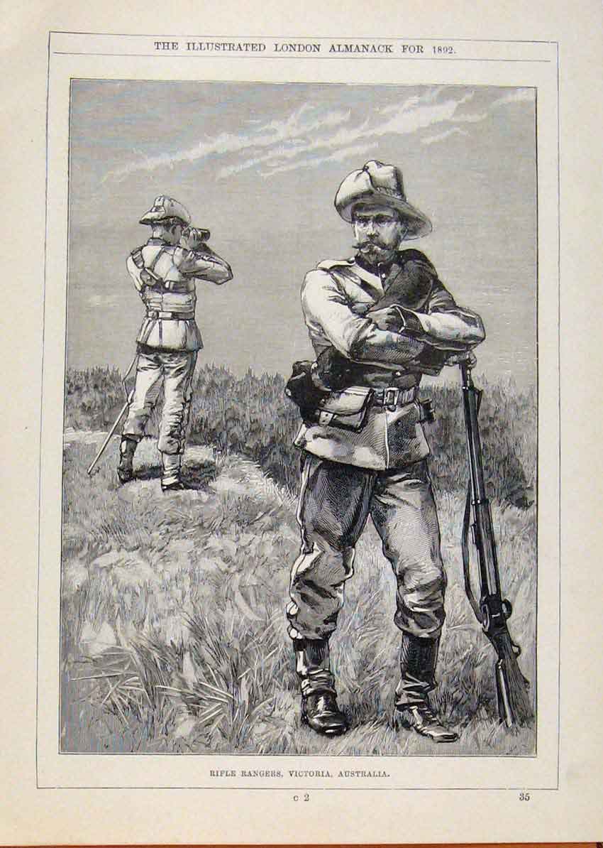 Original Old Antique Print London Almanack Rifle Rangers Victoria Australia 1892