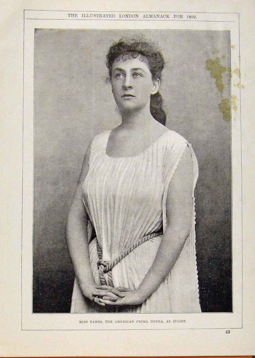 Old Antique Print London Almanack Miss Eames American Prima Donna Juliet