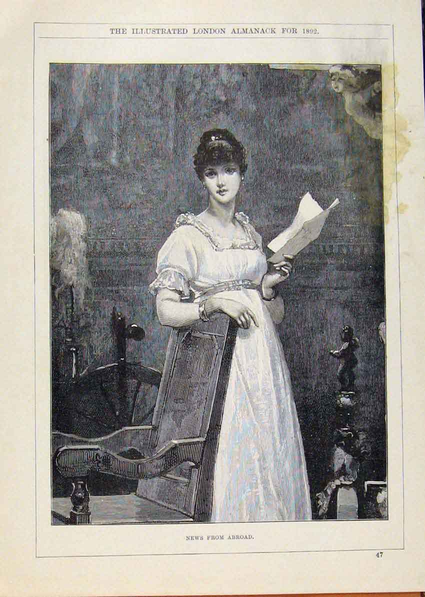 Original Old Antique Print London Almanack News From Abroad 1892 19th