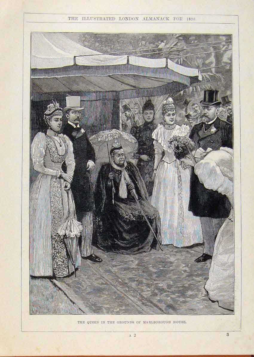 Original Old Antique Print London Almanack Queen In Grounds Marlborough House
