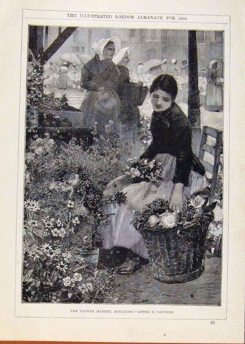 Original Old Antique Print London Almanack Flower Market Boulogne 1893 Victorian