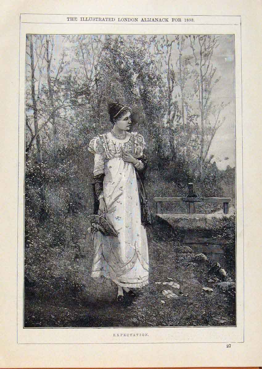 Original Old Antique Print London Almanack Expectation Lady Waiting 1893 19th