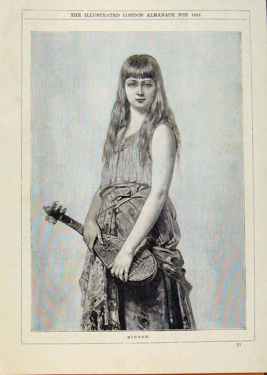 Original Old Antique Print London Almanack Mignon Lady With Musical Insrutment