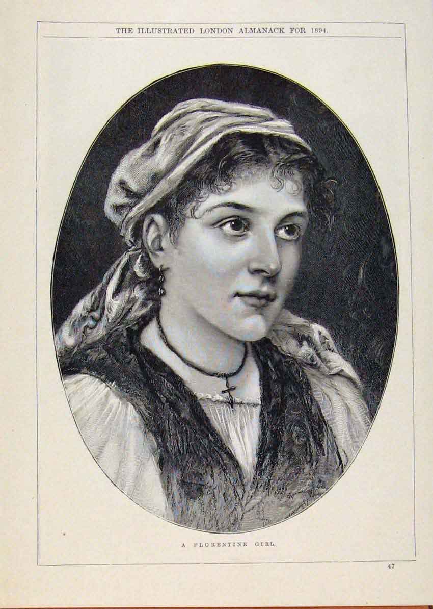 Original Old Antique Print London Almanack Florentine Girl 1894 19th