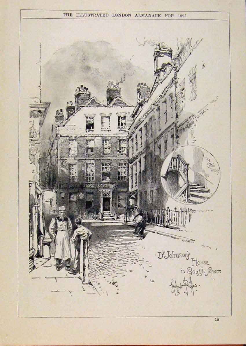 Original Old Antique Print London Almanack Dr Hohnsons House 1895 19th