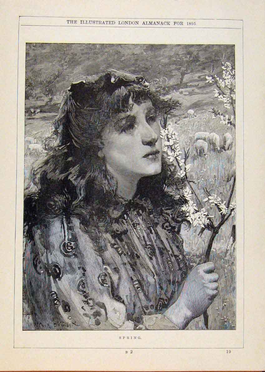 Original Old Antique Print London Almanack Spring Scene 1895 19th