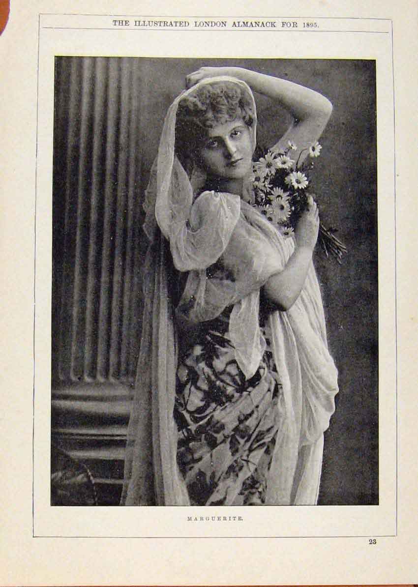 Original Old Antique Print London Almanack Marguerite 1895 Lady Portrait 19th