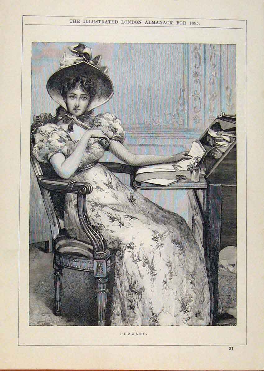Original Old Antique Print London Almanack Puxxled Lady 1895 19th