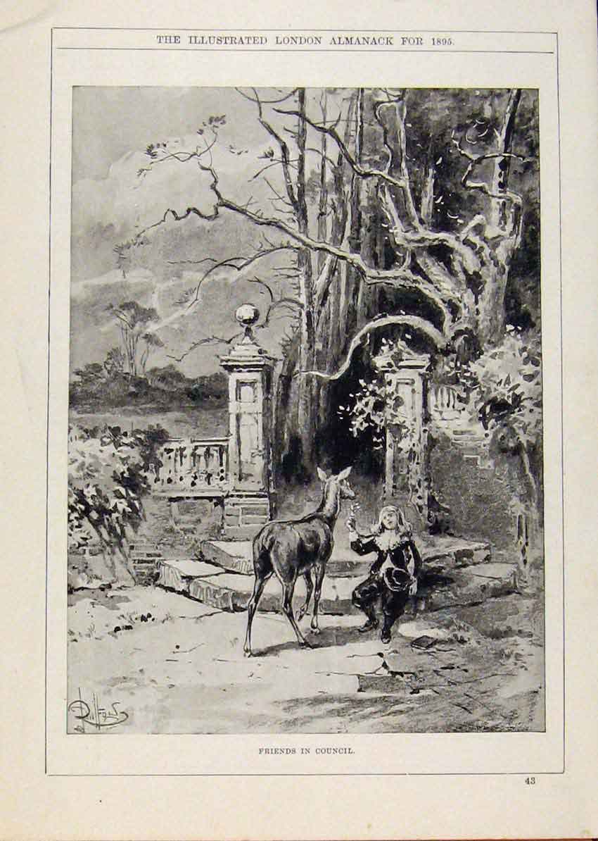 Original Old Antique Print London Almanack Friedns In Council 1895 Victorian