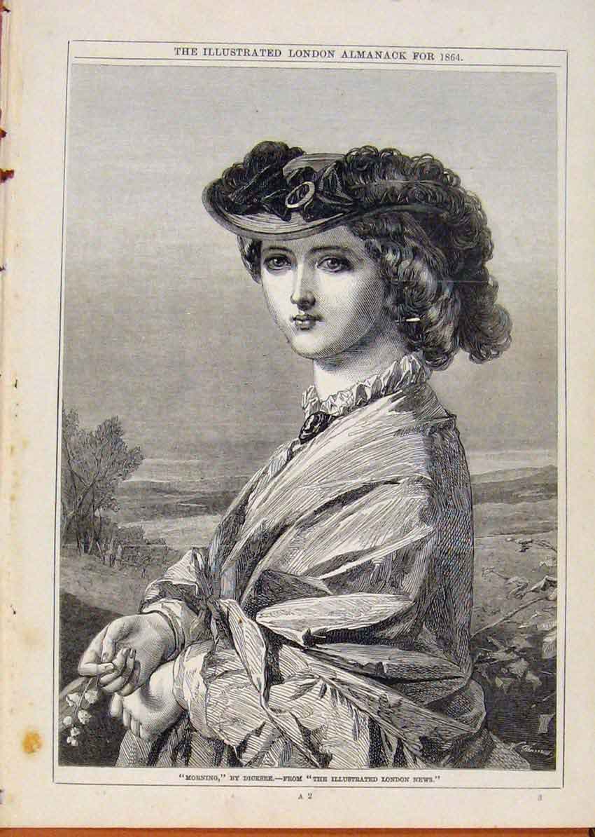 Original Old Antique Print London Almanack Morningportrait By Dicksee 1864 19th