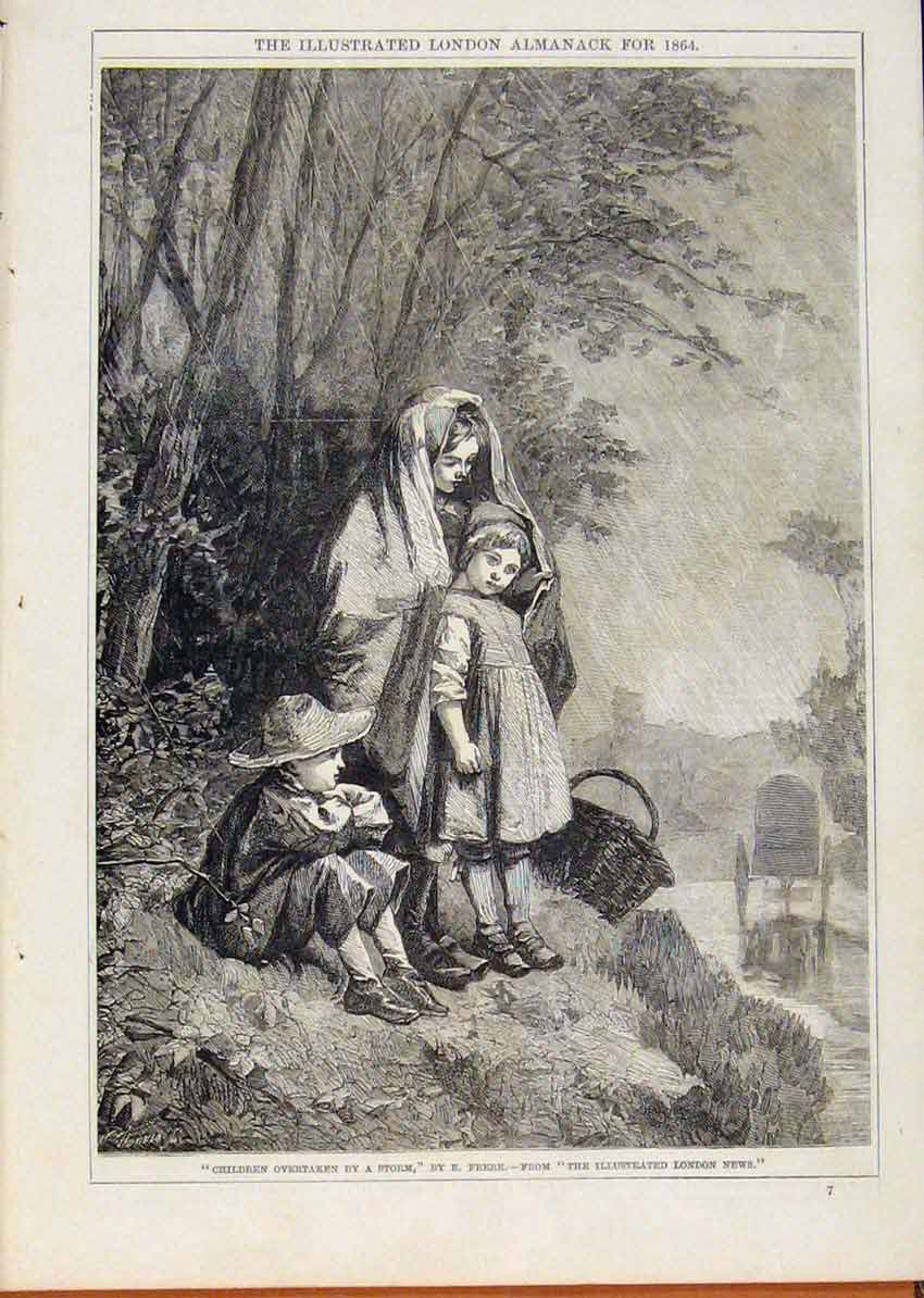 Original Old Antique Print London Almanack Children Overtaken By Storm 1864 19th