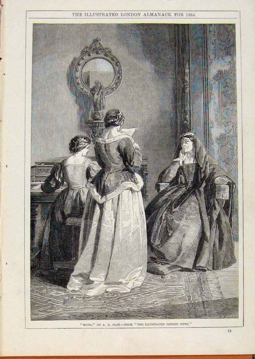 Original Old Antique Print London Almanack Music By A Clay 1864 19th