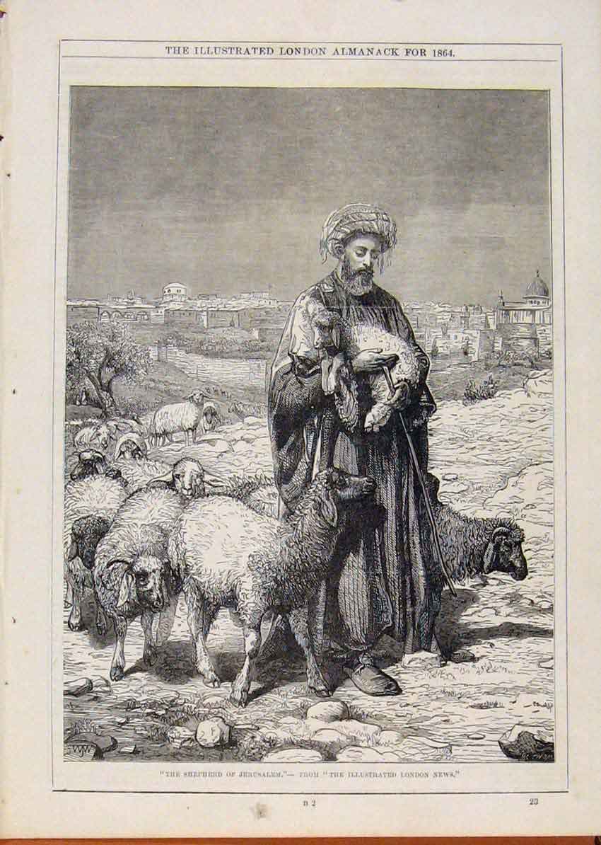 Original Old Antique Print London Almanack Shepherd Jerusalem 1864 Victorian