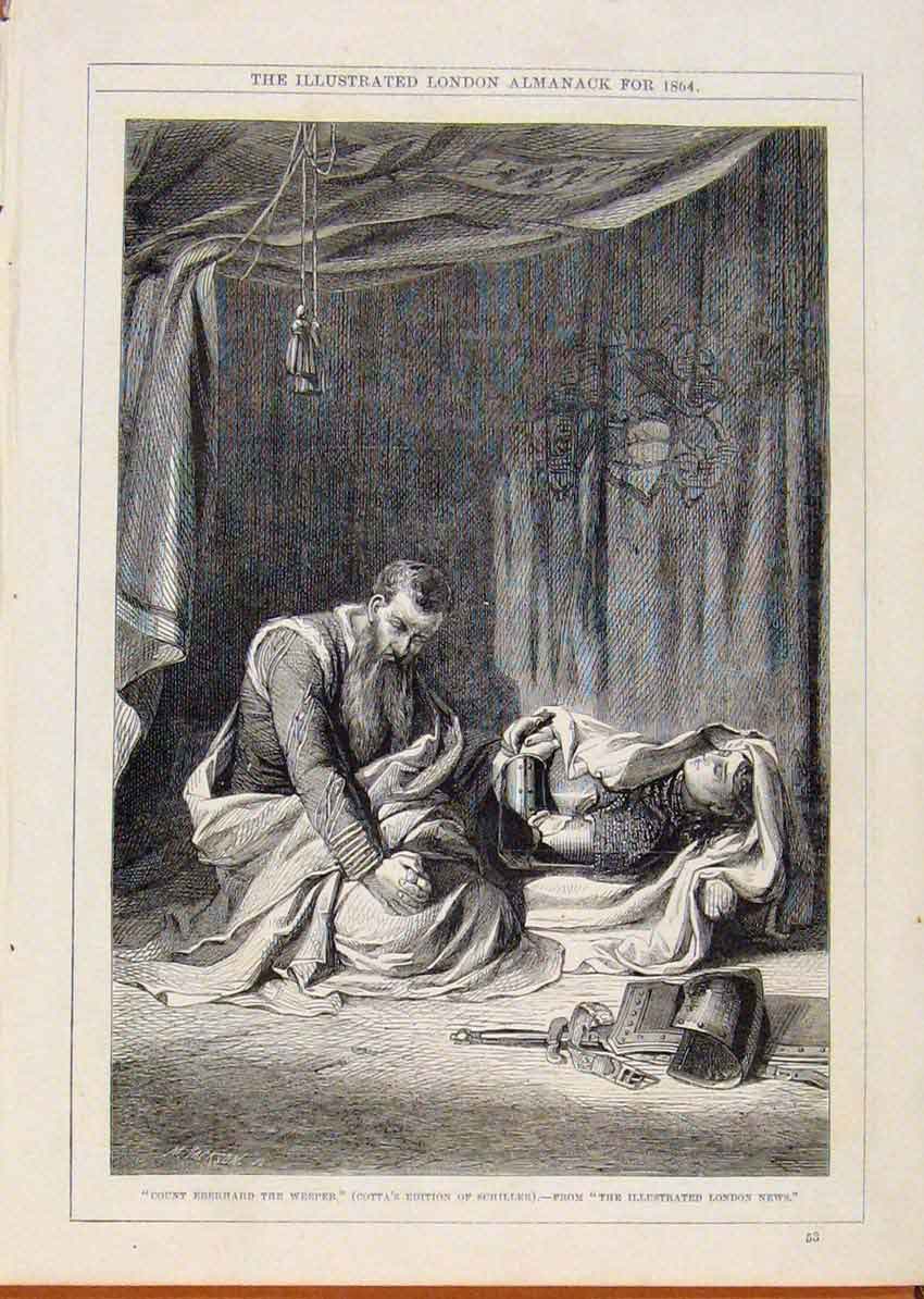 Original Old Antique Print London Almanack Count Eberhard The Weeper 1864 19th