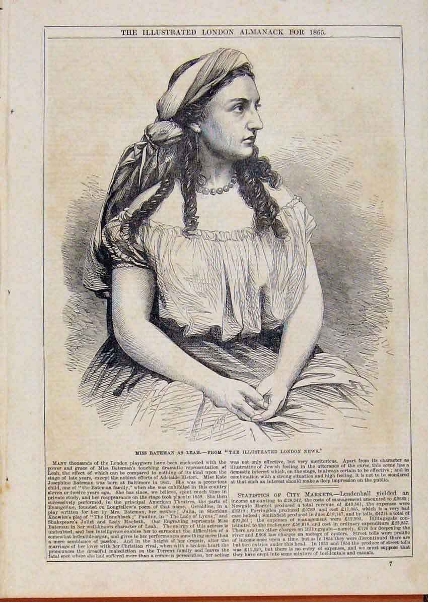 Original Old Antique Print London Almanack Miss Bateman As Leach 1865 Victorian