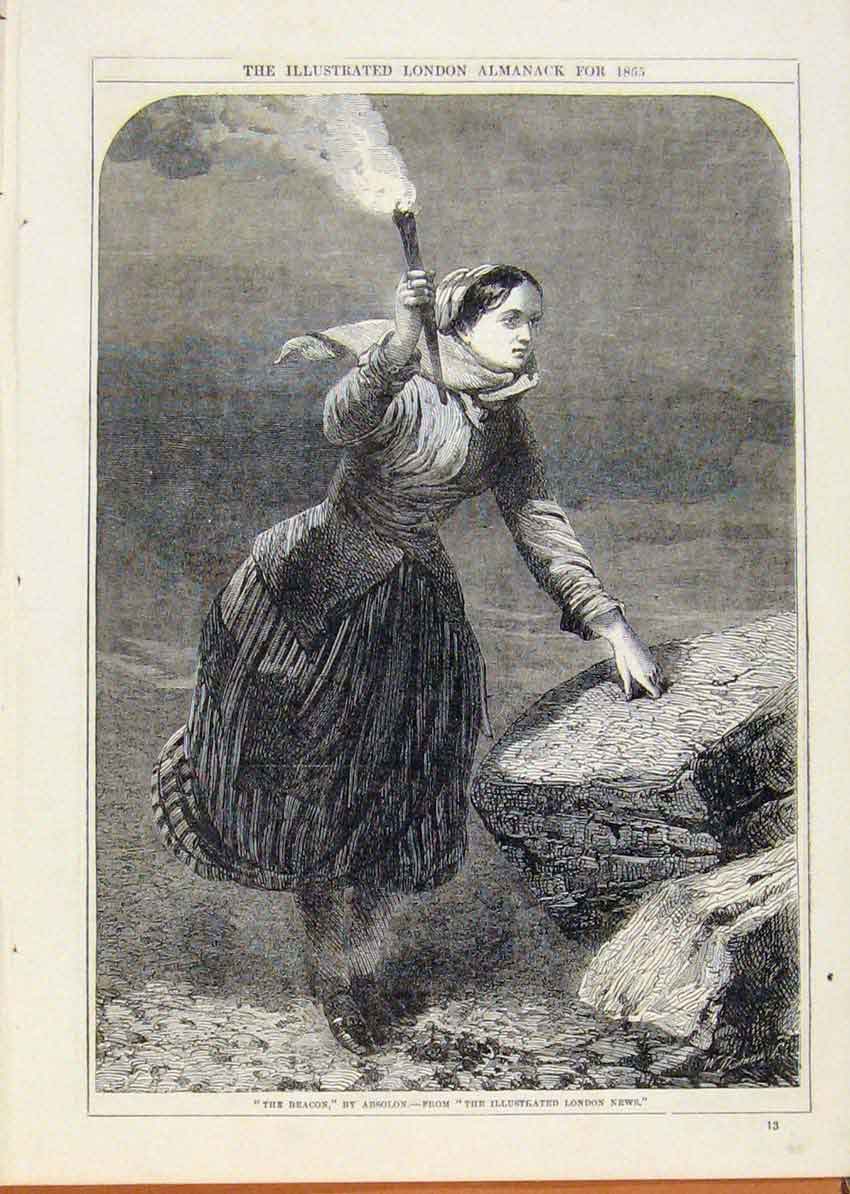 Original Old Antique Print London Almanack Beacon By Absolon 1865 19th
