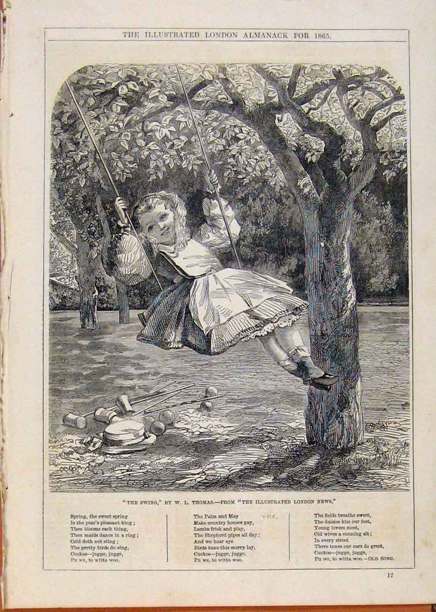 Original Old Antique Print London Almanack The Swing By Thomas 1865 Victorian