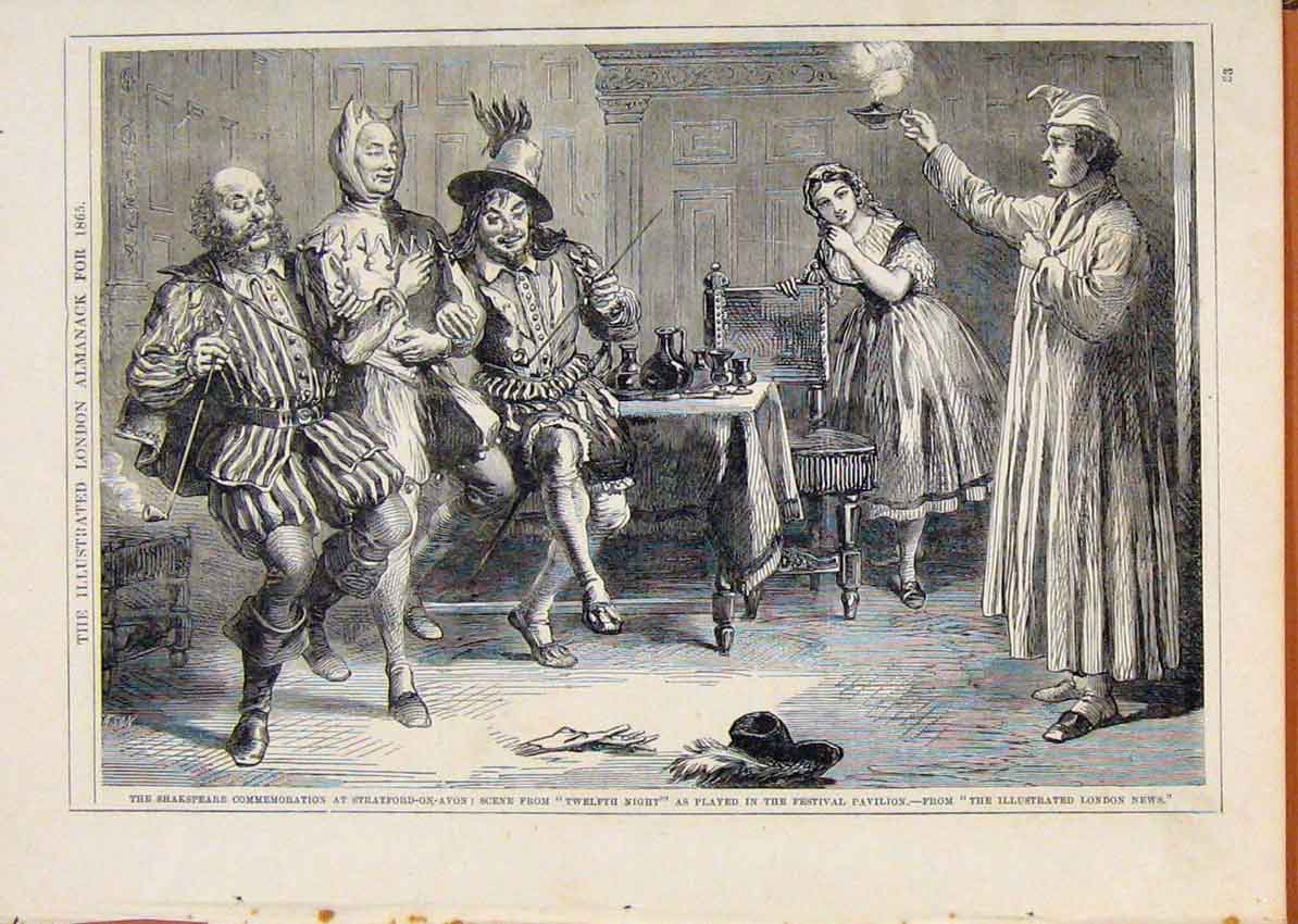 Original Old Antique Print London Almanack Shakspeare Commemoration 1865 19th