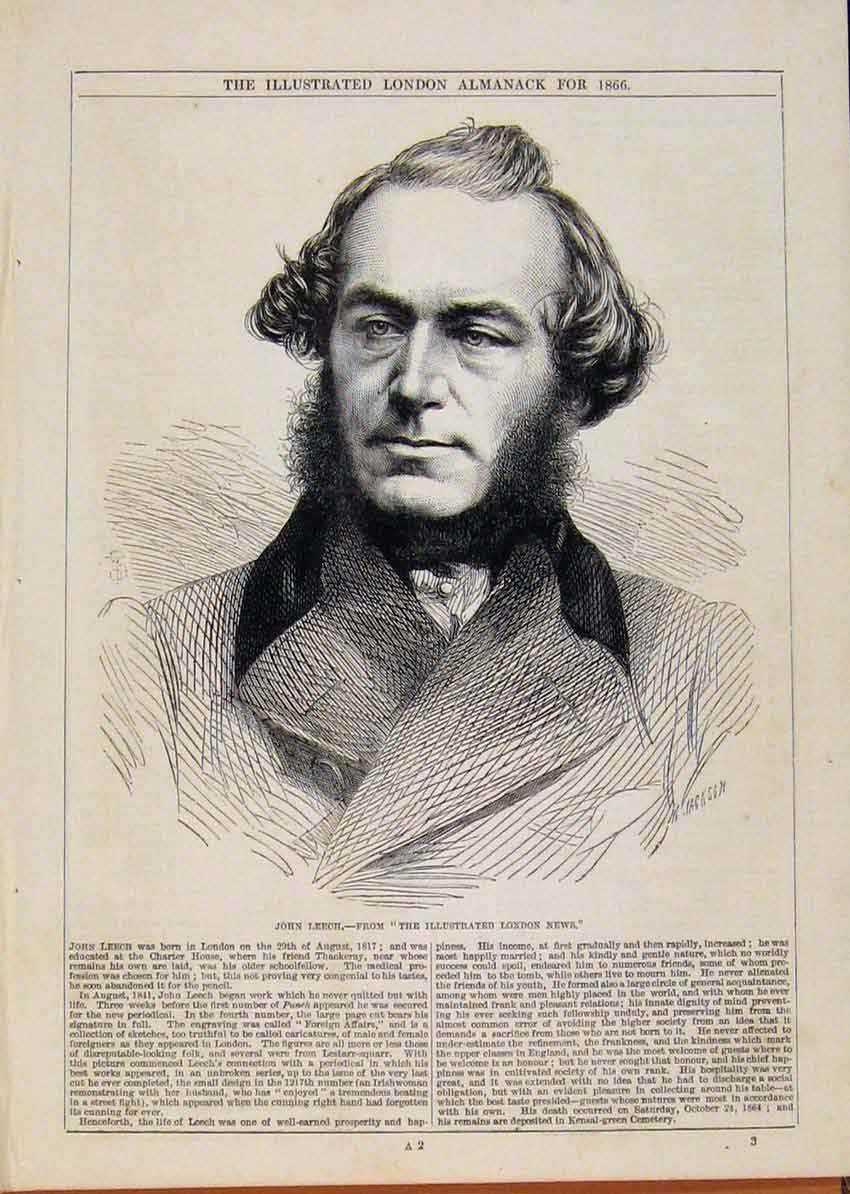 Original Old Antique Print London Almanack John Leech 1866 19th