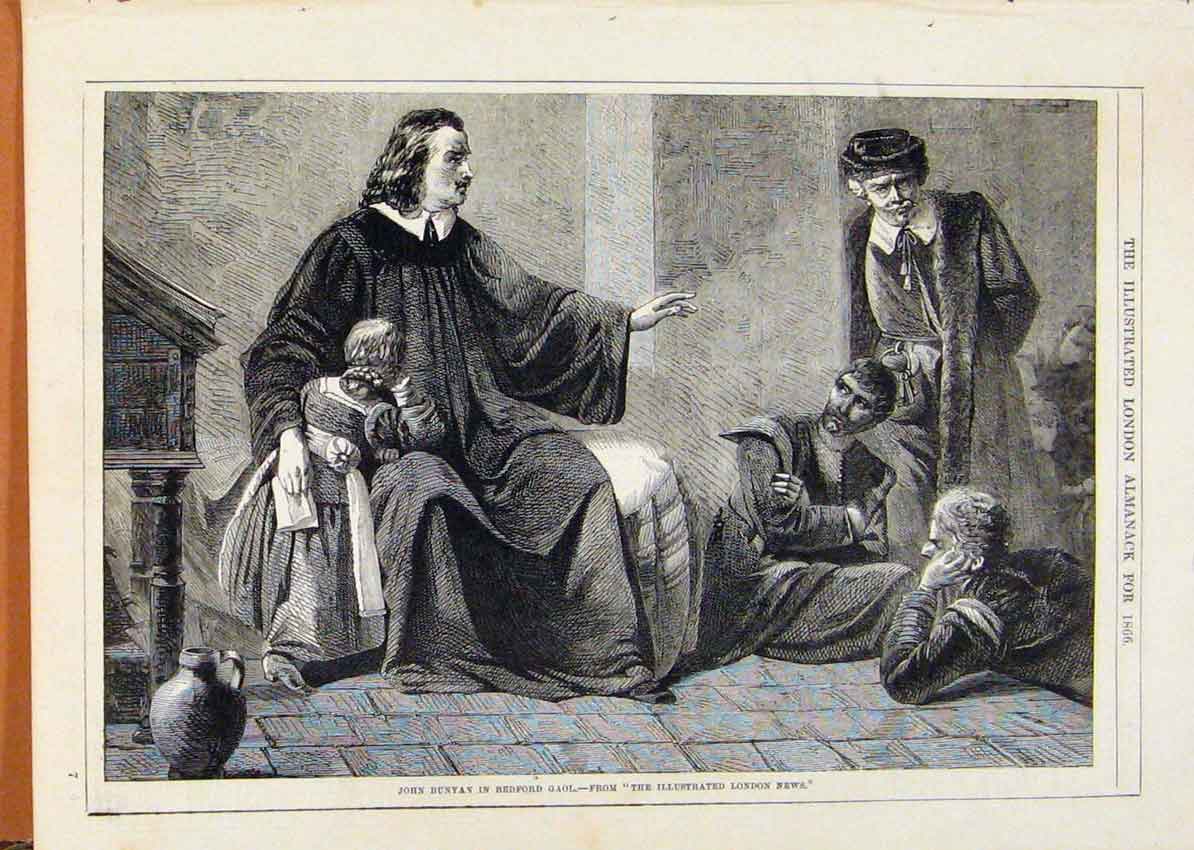 Original Old Antique Print London Almanack John Bunyay Bedford Gaol 1866 19th