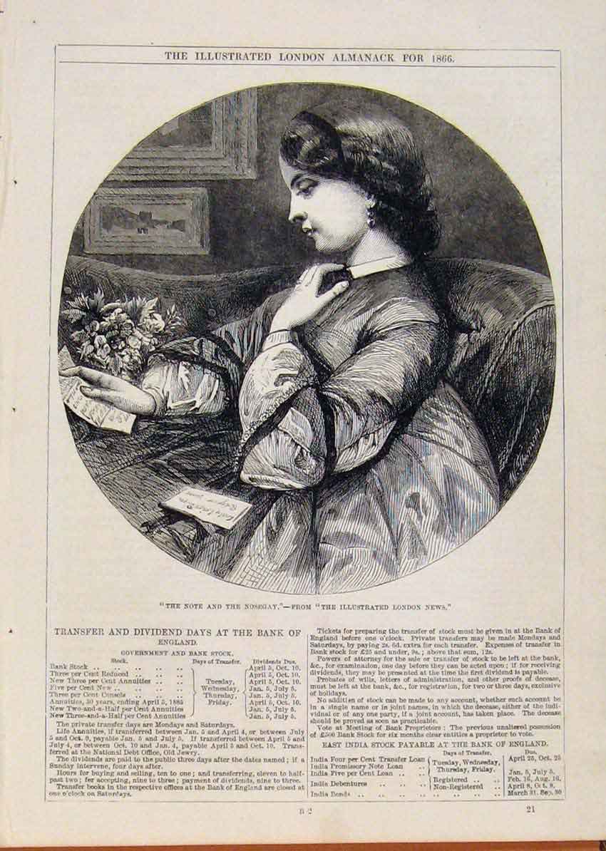 Original Old Antique Print London Almanack Note And Nosecay Portrait 1866 19th