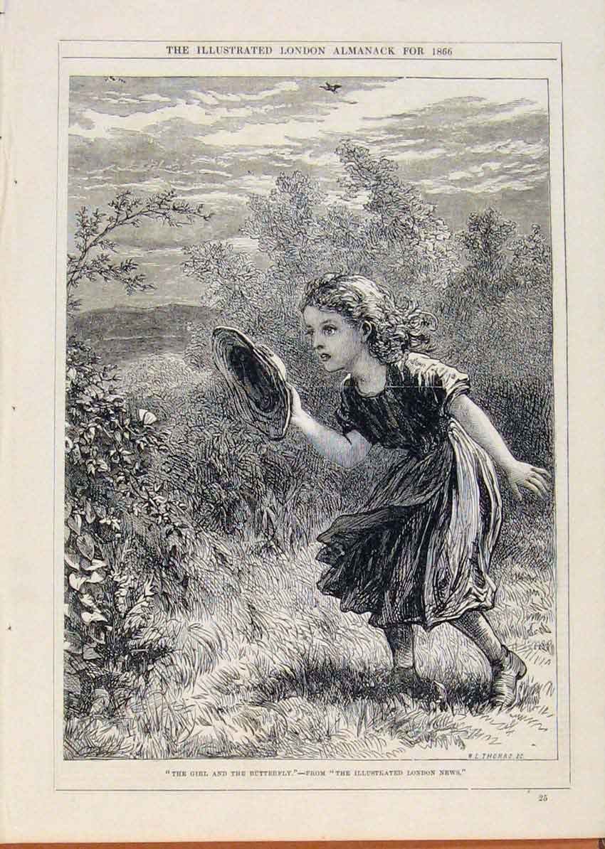 Original Old Antique Print London Almanack Girl And Butterfly 1866 Victorian