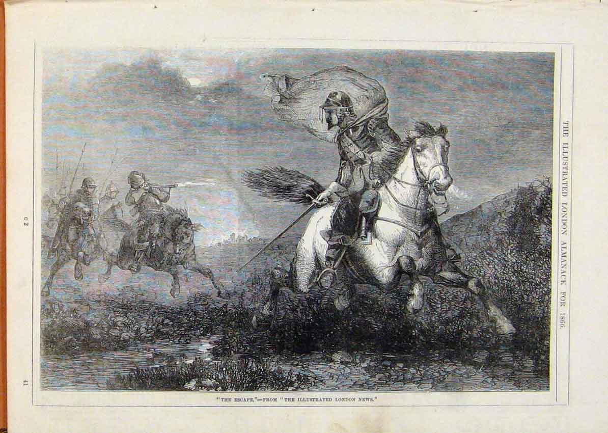 Original Old Antique Print London Almanack Escape Horse Chase 1866 Victorian