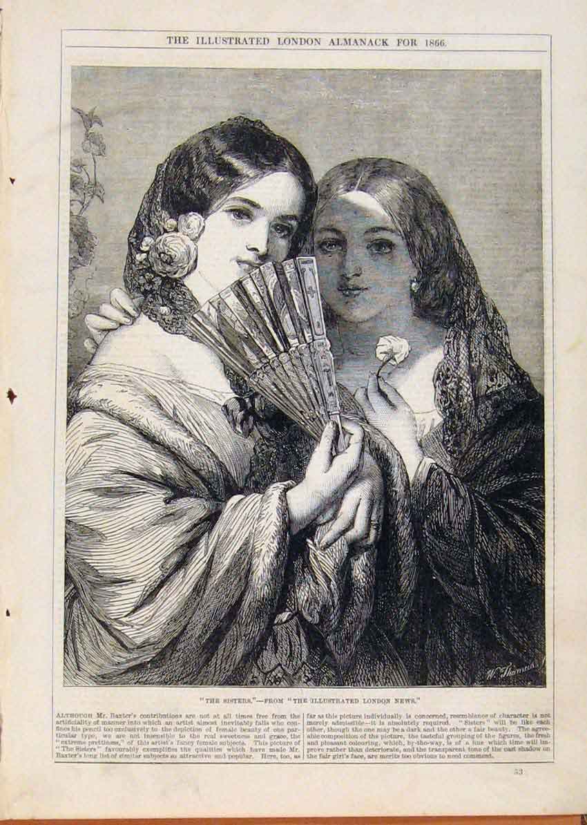 Original Old Antique Print London Almanack The Sisters 1866 19th